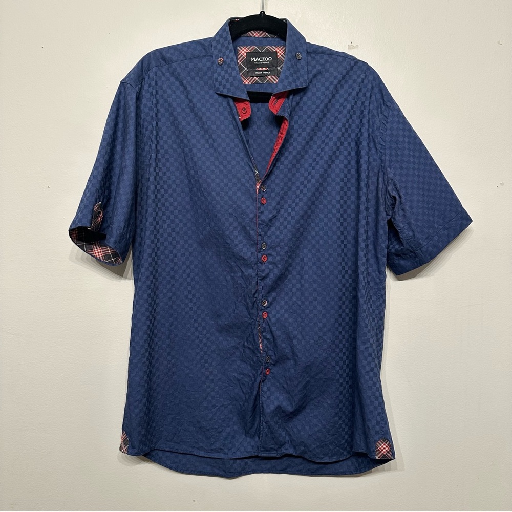 Maceoo Fresh Square Navy Short Sleeve Button Up Shirt XL